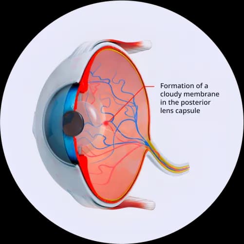 Diagram of the eye showing a cloudy membrane forming in the posterior lens capsule
