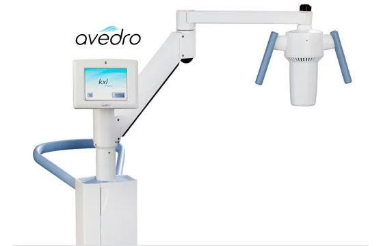 Avedro KXL corneal cross-linking device on a stand with a touchscreen control panel