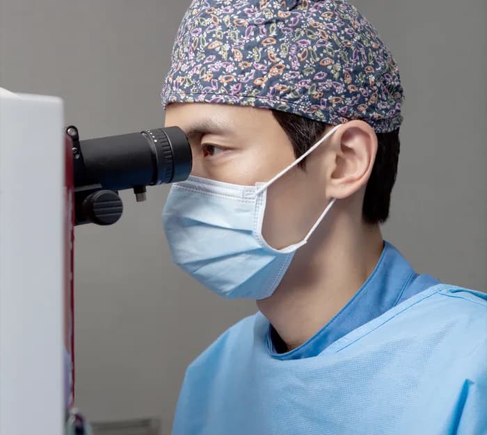 Surgeon looking through the microscope of an excimer laser during LASIK surgery